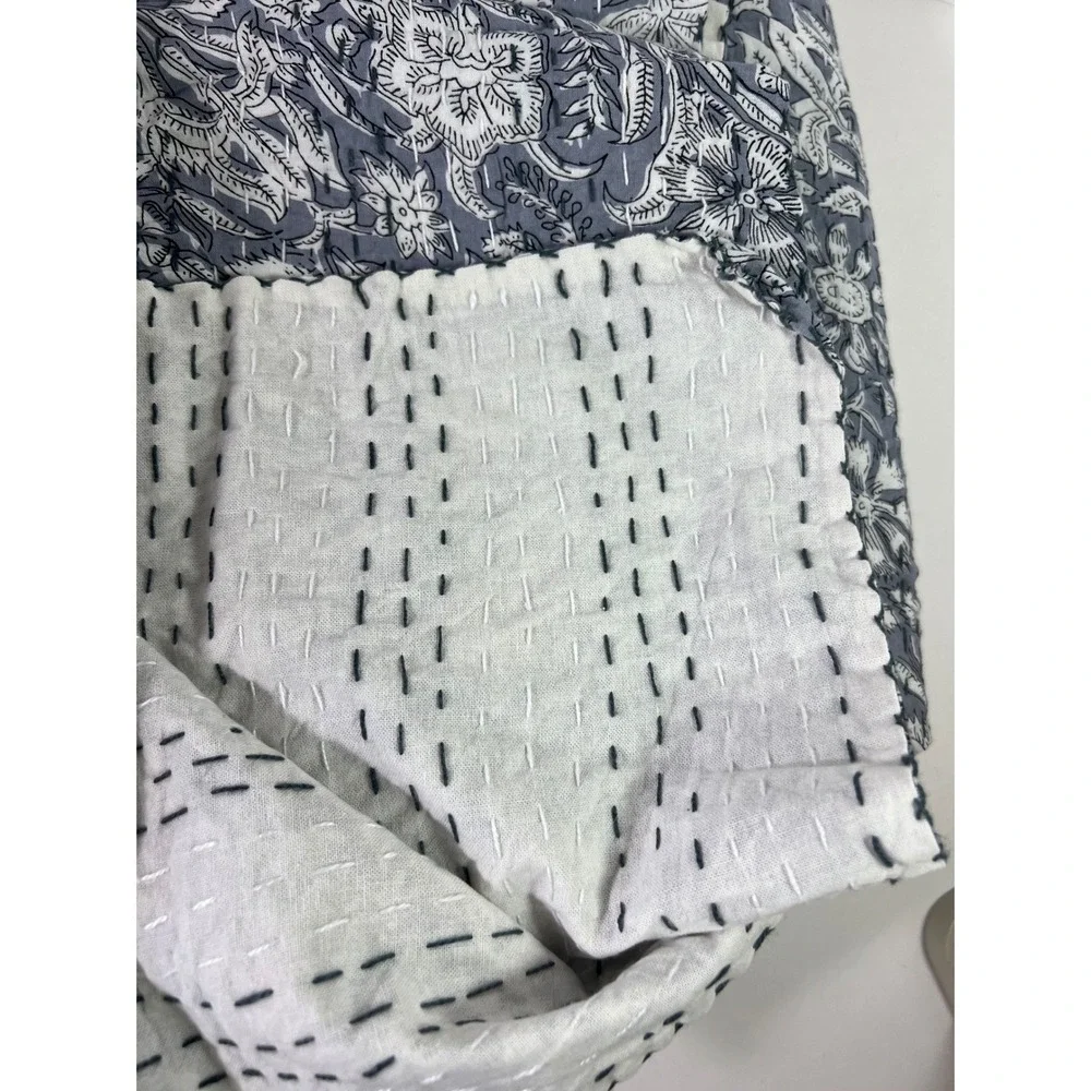 Floral Hand Block Print Handmade Kantha Quilt Indian BlueWhite New 60 x 90
